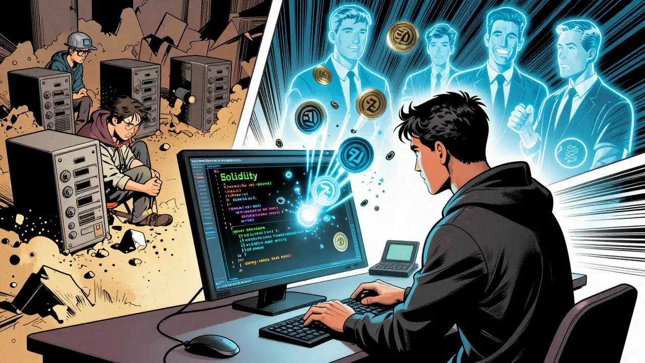 A developer typing code that turns into tokens, with miners fading and validators glowing behind.