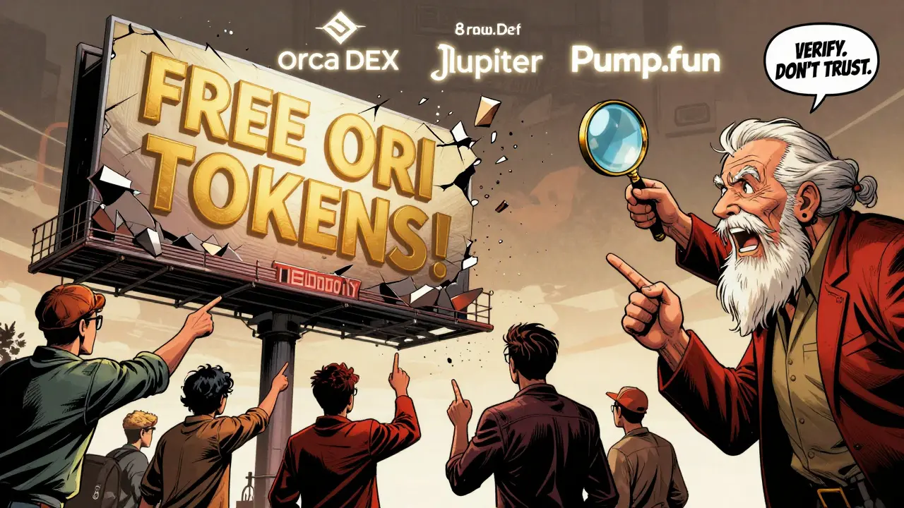 A fake airdrop billboard collapsing as real DeFi platforms shine in the background, with a veteran revealing the truth.