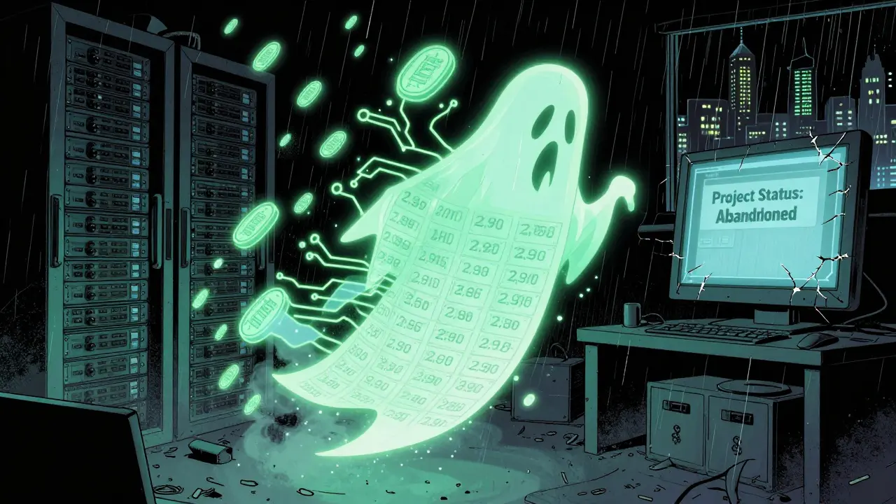 A ghostly blockchain ledger dissolving into ash as thousands of wallet addresses drift away in a forgotten server room.