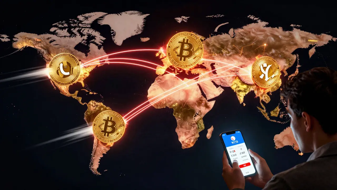 A glowing global map shows crypto transactions connecting countries like El Salvador and Nigeria.