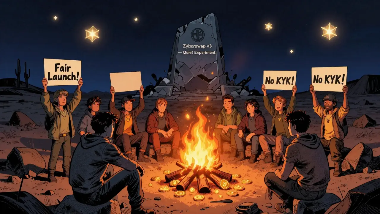 A group of crypto enthusiasts gathers around a ZYB token campfire in a digital wasteland under a starry sky.