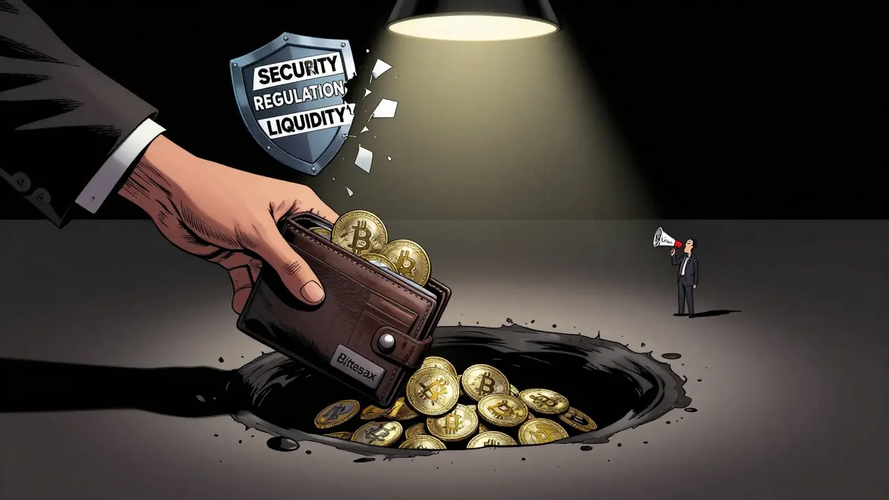 A hand drops crypto coins into a black hole labeled Bitesax, while security and regulation shields shatter above.