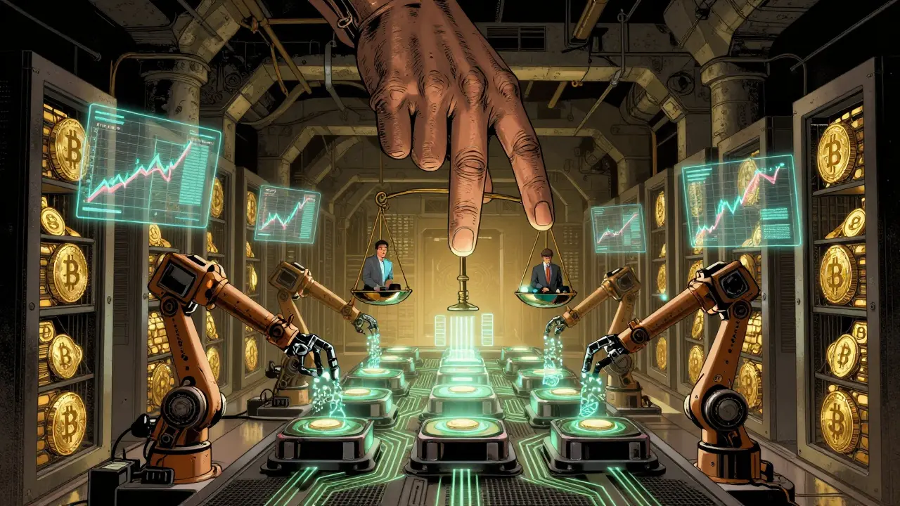 A high-tech data center with holographic supply graphs and investors accumulating Bitcoin.