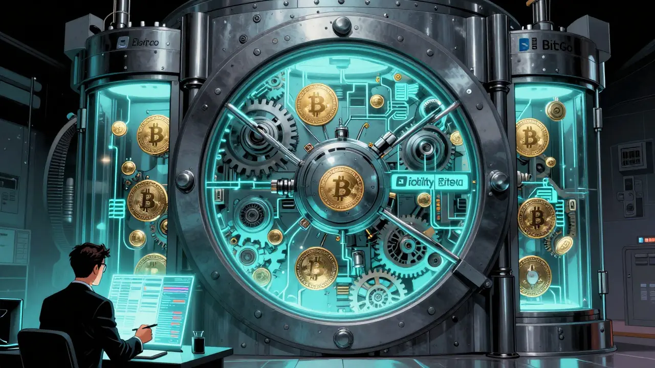 A high-tech vault with crypto tokens in cold storage, powered by blockchain circuits and glowing logos.