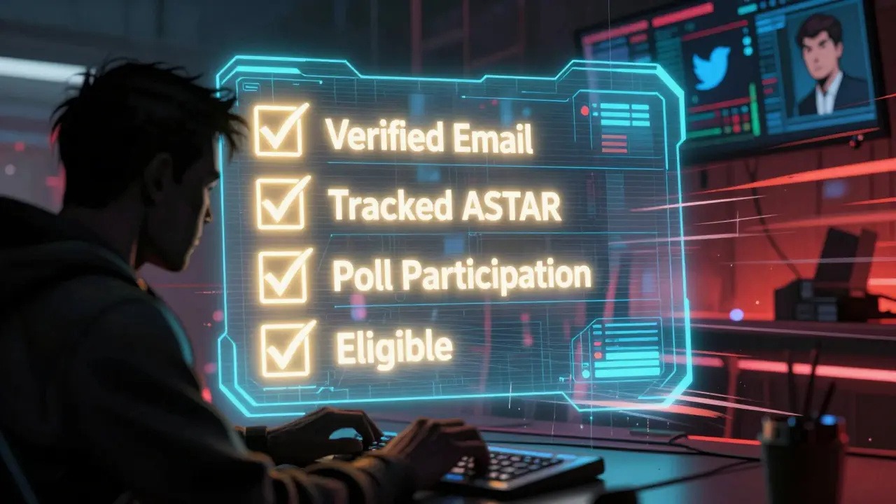 A holographic dashboard displays five glowing criteria for qualifying for the AvaAce NFT, with a determined person typing in the foreground.