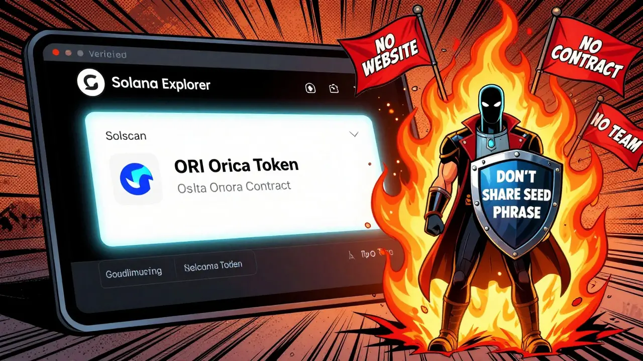 A legitimate Solana contract glowing beside a burning fake token, guarded by a wallet icon with a warning shield.