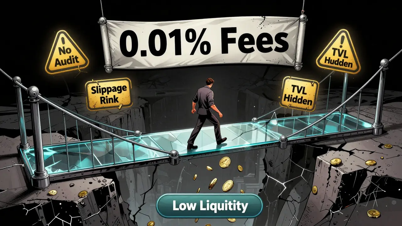 A lone figure crosses a fragile bridge over a liquidity chasm, with warning symbols floating above.