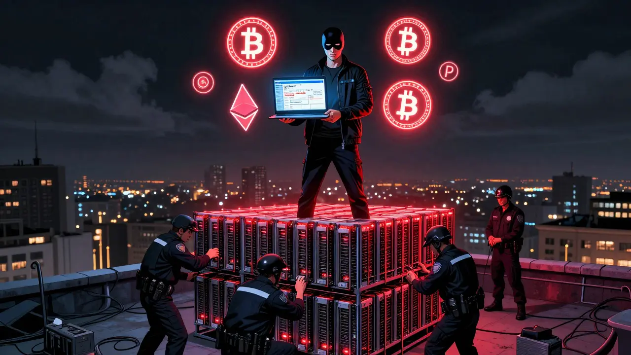 A masked trader on a rooftop facing a CBI tax notice, while below police dismantle hundreds of seized mining rigs.