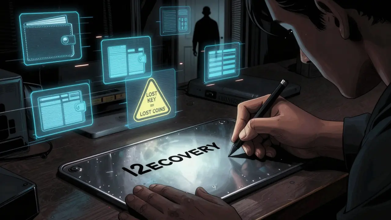 A person writes a recovery phrase on metal as holographic wallet warnings float nearby.