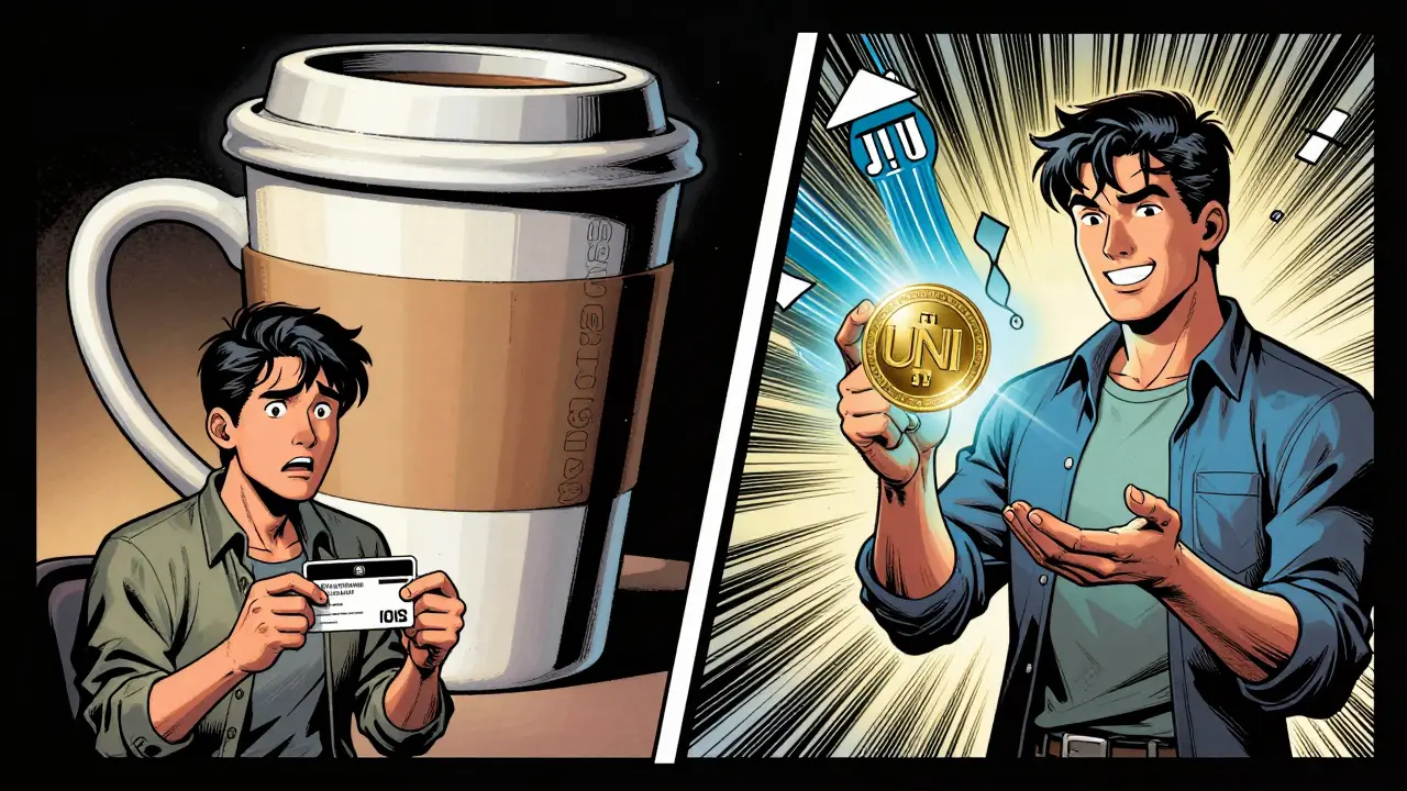 A split scene: one side shows a person with a paper loyalty card, the other a user holding a digital token powering a massive exchange.
