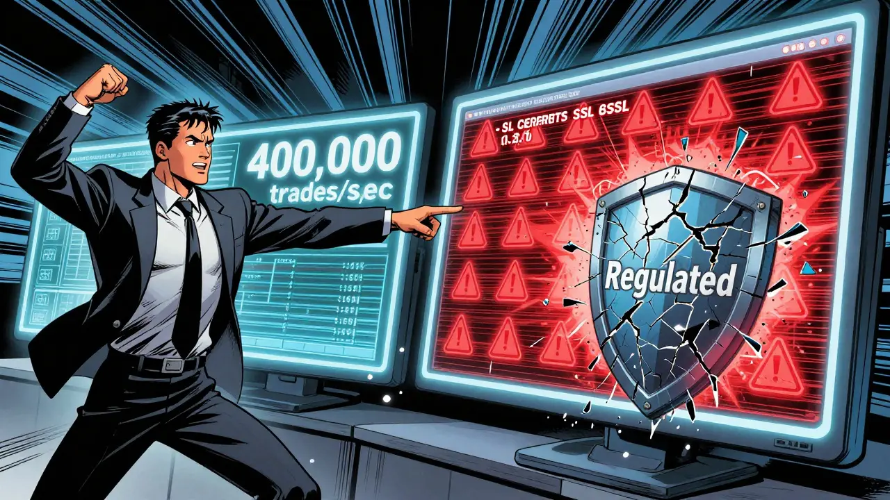A trader celebrates trading speed on one side, while security breaches and crumbling regulation symbols appear on the other.