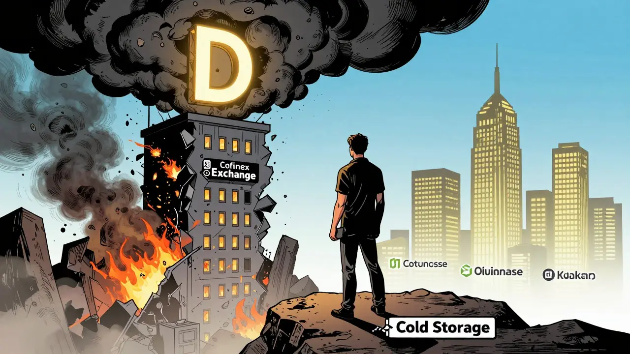 A user stands safe with a hardware wallet as the Cofinex exchange crumbles behind them, overshadowed by a warning 'D' rating.