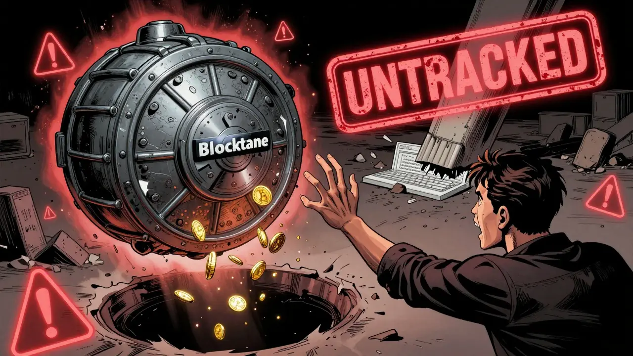 A user watching crypto coins vanish into a black hole as 'UNTRACKED' crushes a website URL.