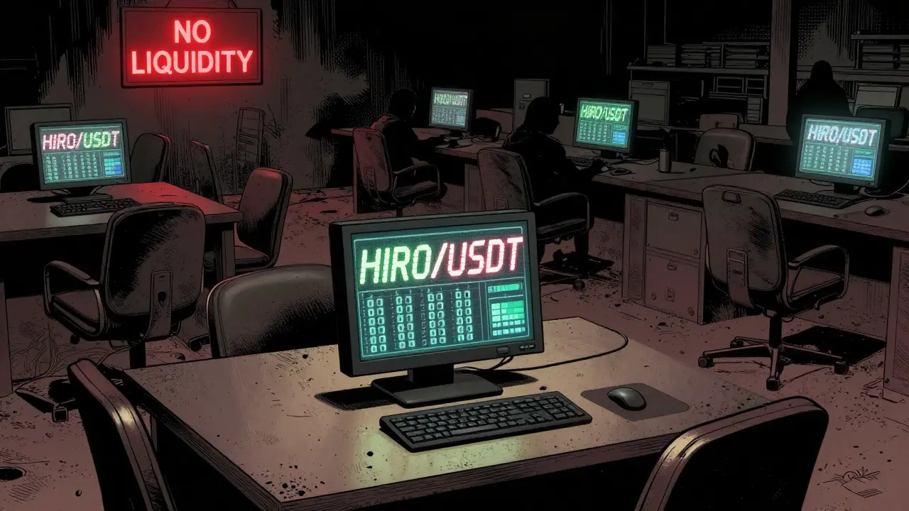 An empty crypto trading floor with one flickering HIRO/USDT terminal and dust-covered monitors.
