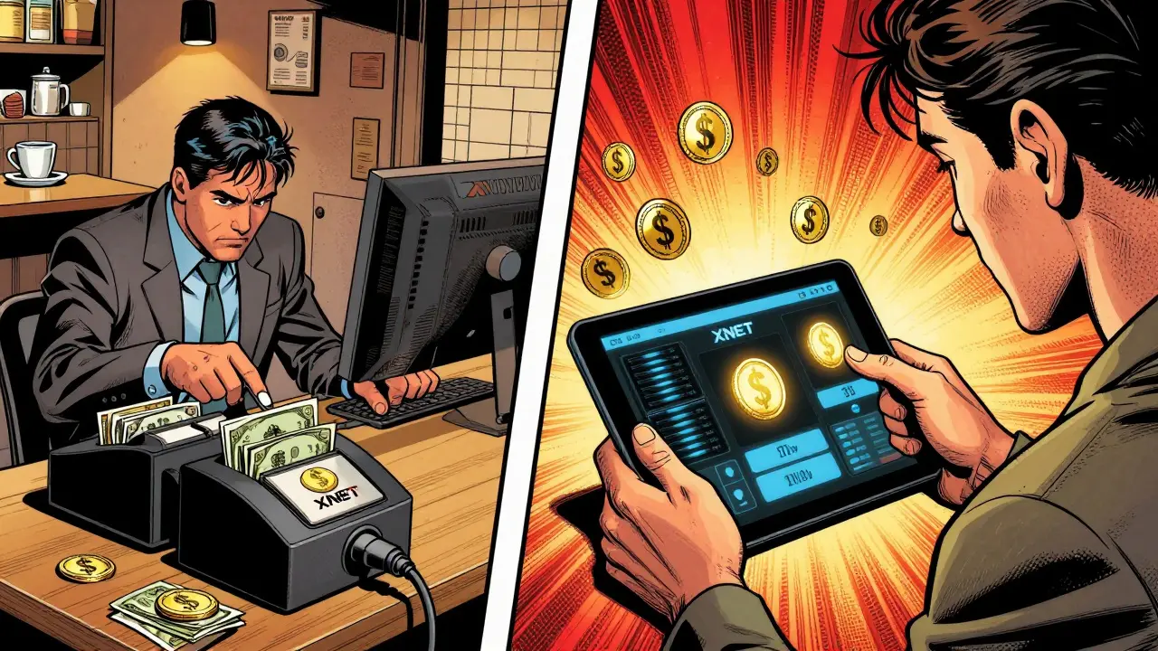 An investor in the U.S. installs an XNET device while someone in Berlin receives tokens on a tablet.