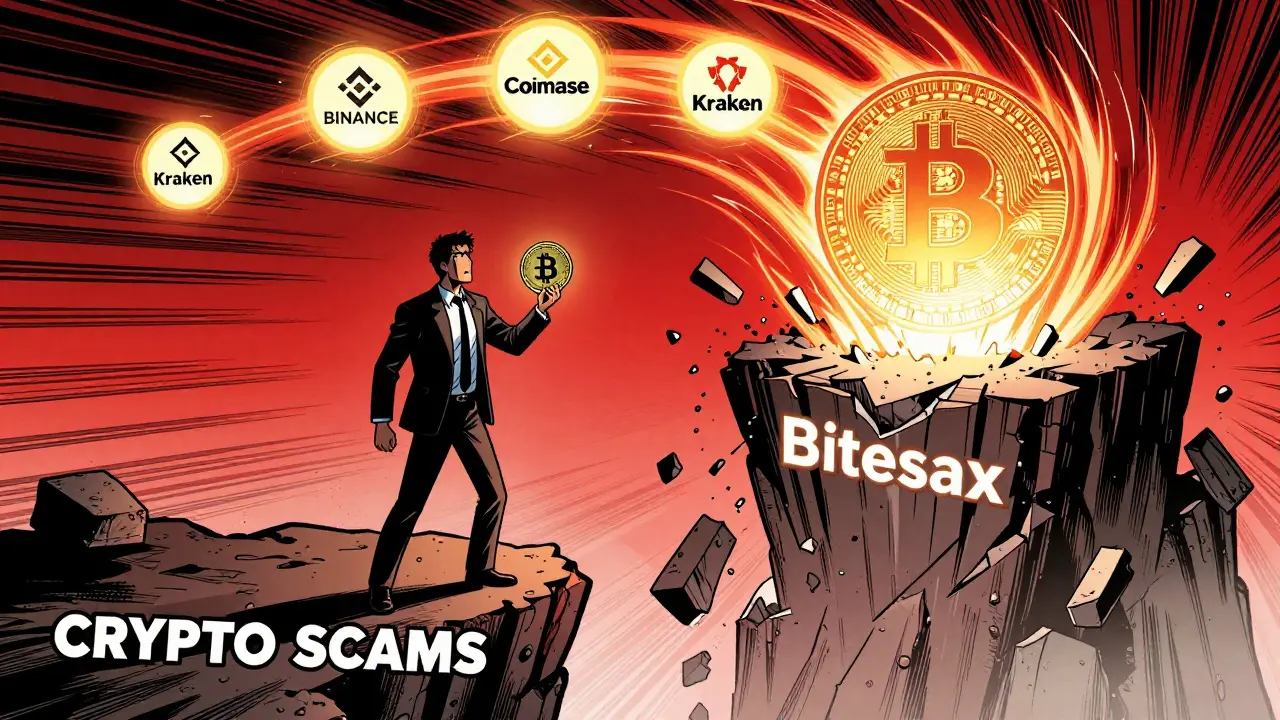 An investor stands at the edge of a cliff labeled 'Crypto Scams' as the Bitesax platform collapses into a void behind them.