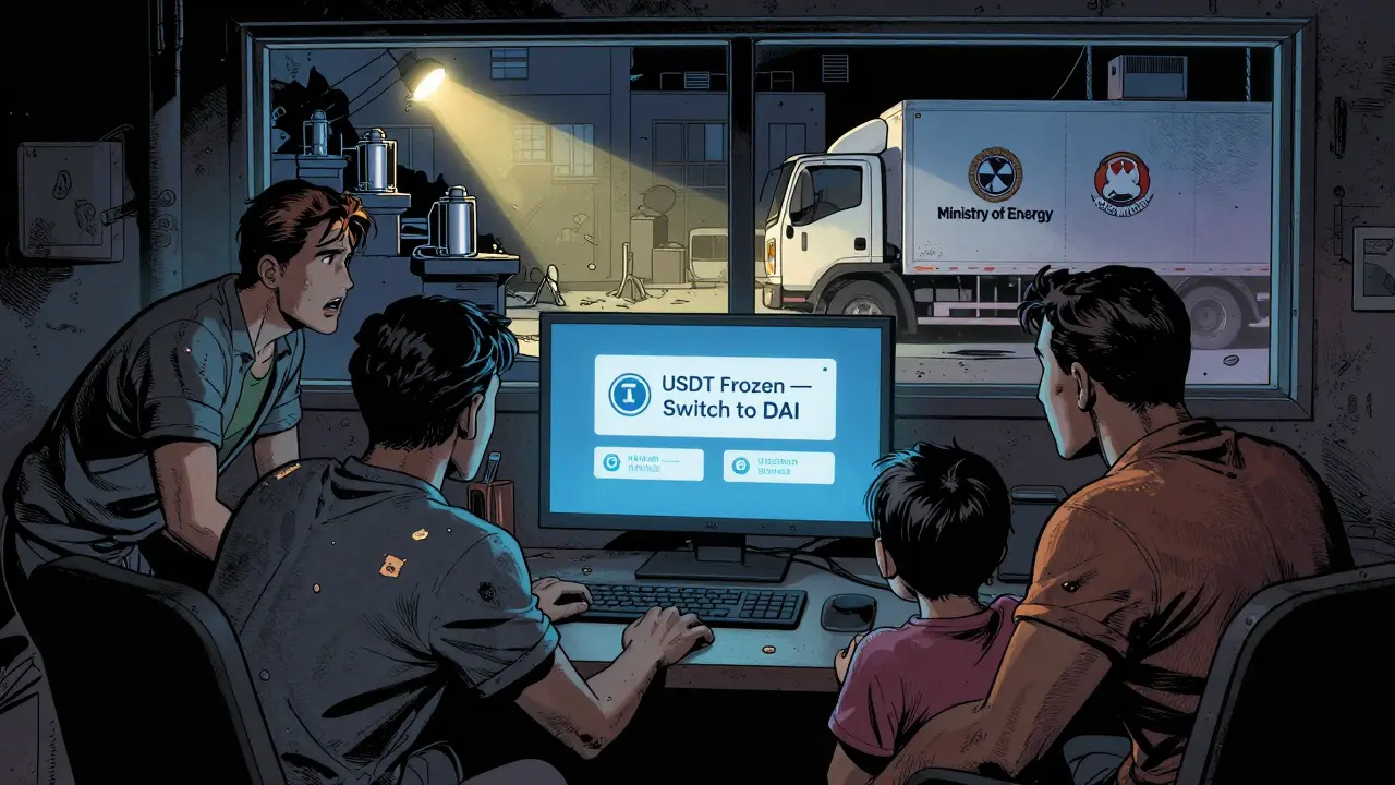 An Iranian family in a basement watching DAI stablecoin balances as USDT is frozen, with a government truck outside.