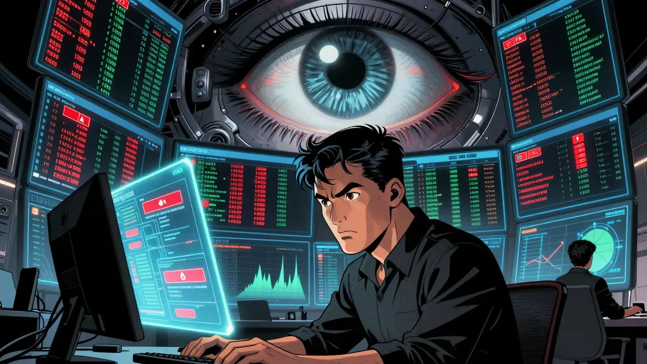 Analyst monitors holographic crypto transactions jumping between chains, red alerts flashing on surrounding screens.