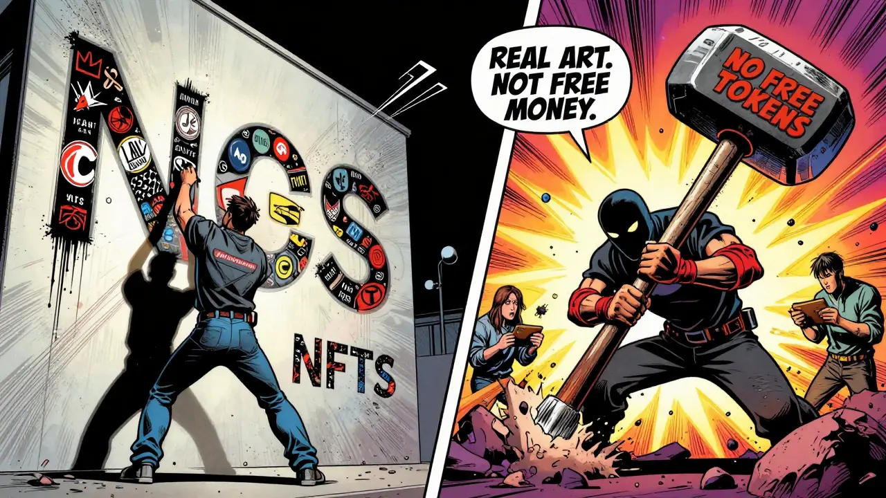 Artist painting a mural on a pixel grid while a scammer is crushed by a 'No Free Tokens' hammer.