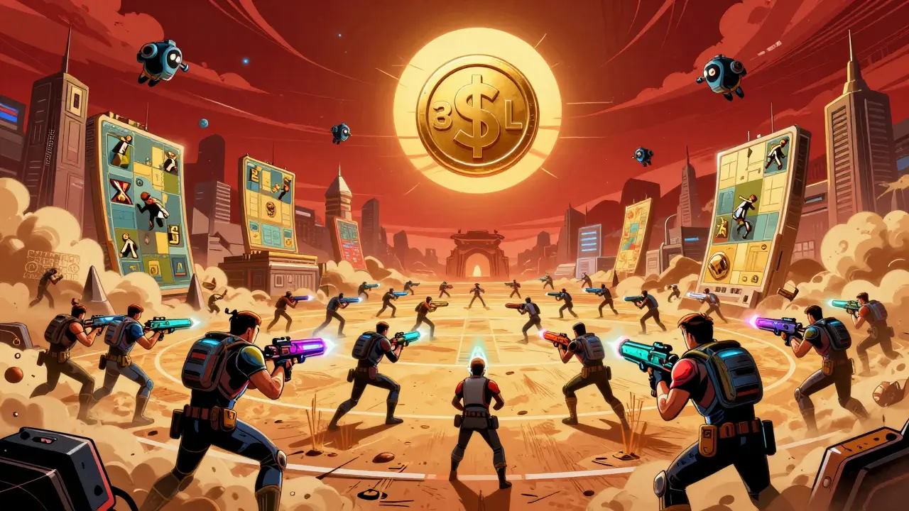 Battle royale arena with NFT weapons and floating land plots under giant ULL token