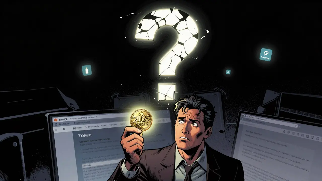 Beginner holding a confusing token above a void where a website should be, with safer exchanges shining in the distance.