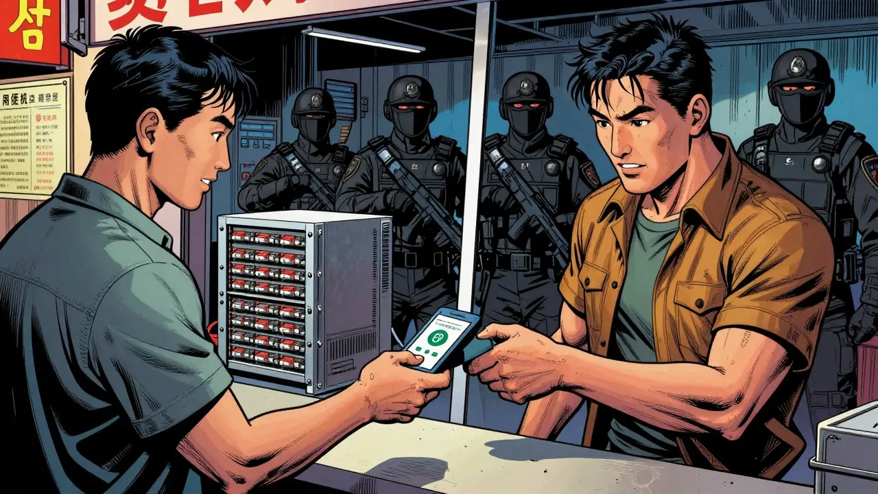 Citizen paying with e-CNY app while Bitcoin miners are shut down by agents.