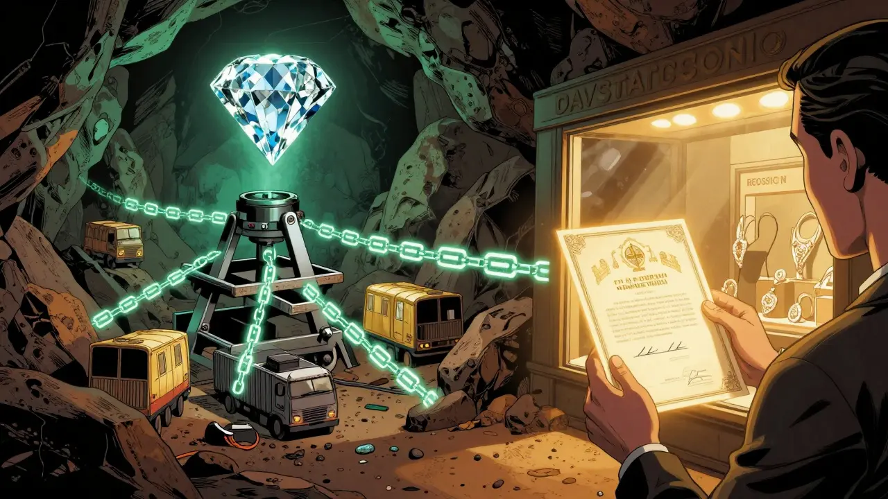 Diamond's journey from mine to retail displayed as a glowing digital token tracing through blockchain layers.