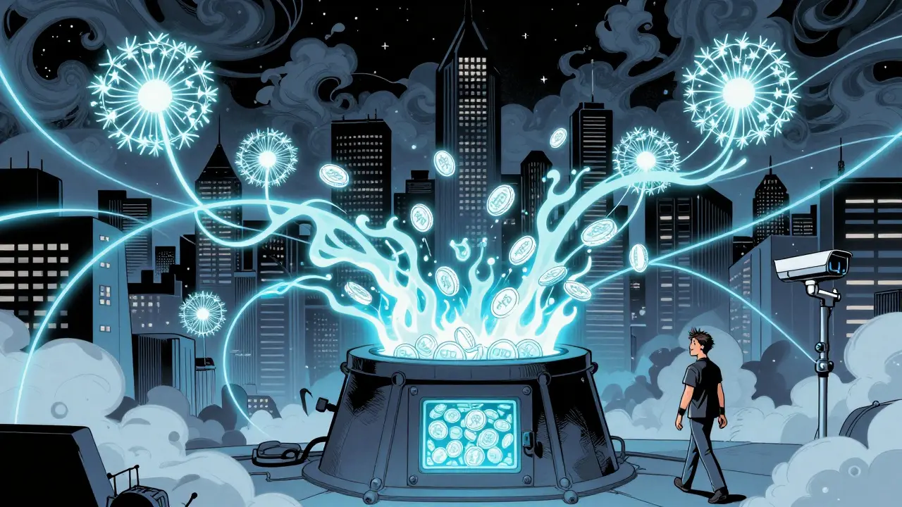 Digital coins being destroyed and reborn in a futuristic vault, surrounded by invisible network lines and a cityscape at night.