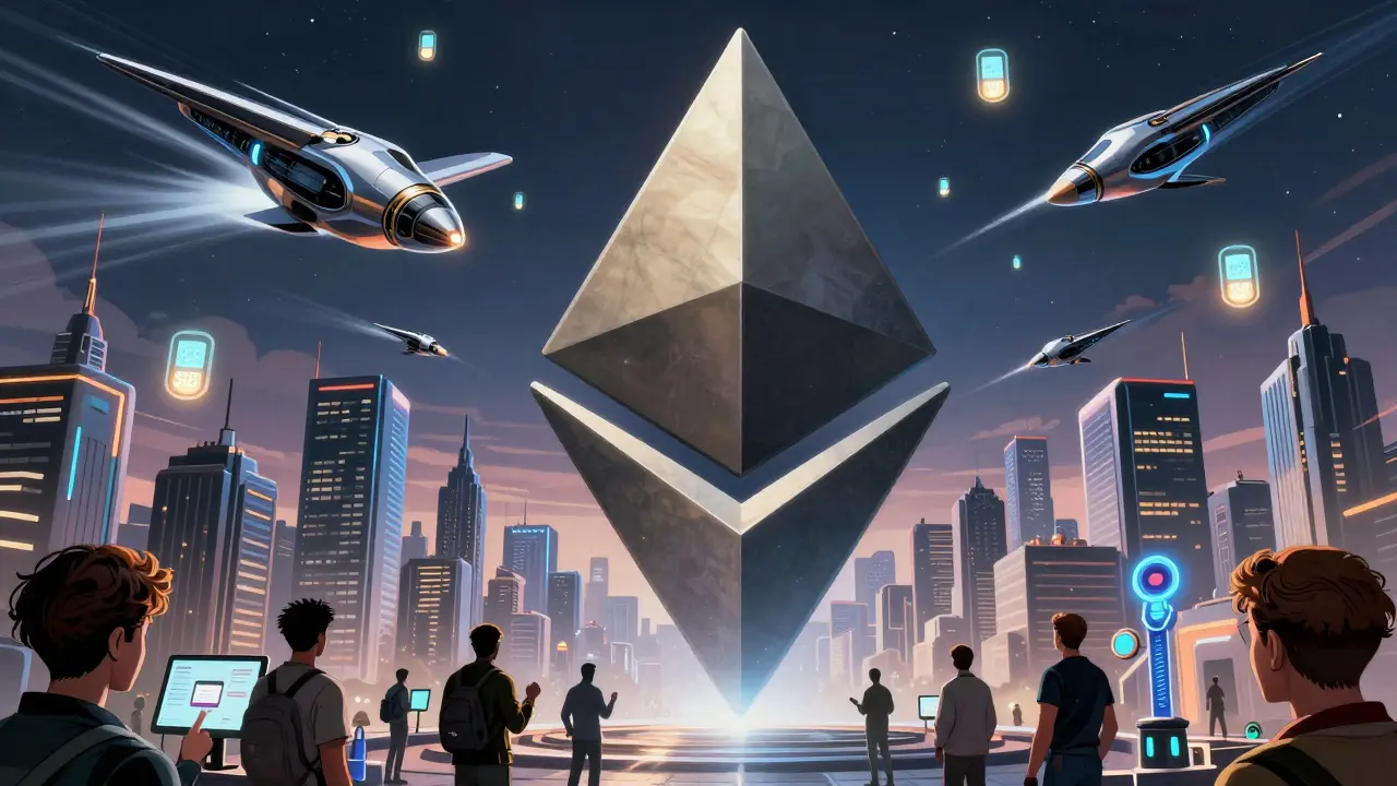 Ethereum shield protecting a digital city with Layer 2 satellites and falling gas fees.