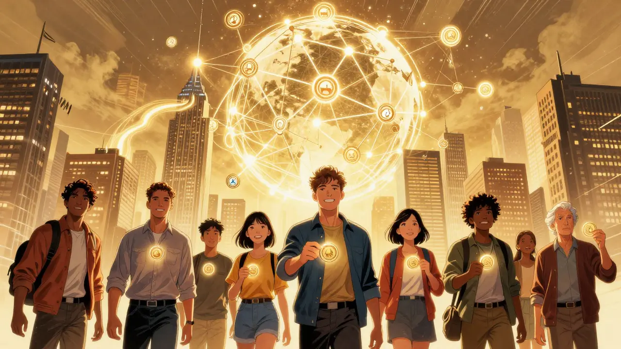 Everyday people connected to a glowing blockchain network with tokenized assets floating above a city.
