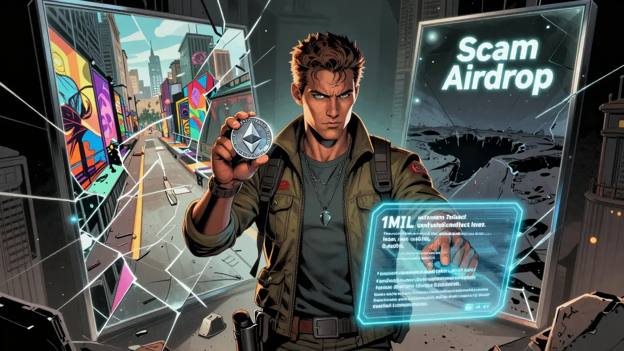 Explorer holding a 1MIL token beside a verified blockchain contract address on a hologram.