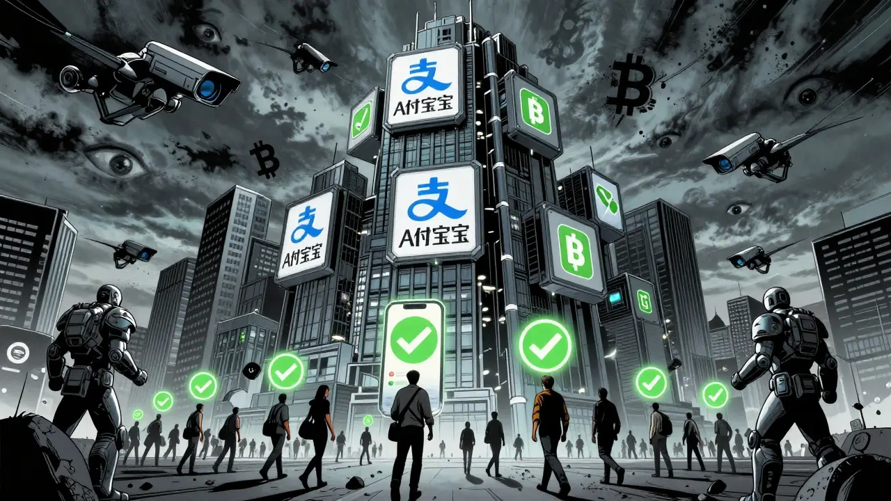 Massive digital fortress of payment apps crushing crypto symbols over a city, AI drones patrolling under a surveillance sky.