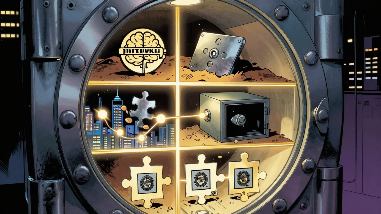 Multi-layered crypto security system with passphrase, metal backup, and distributed shares.