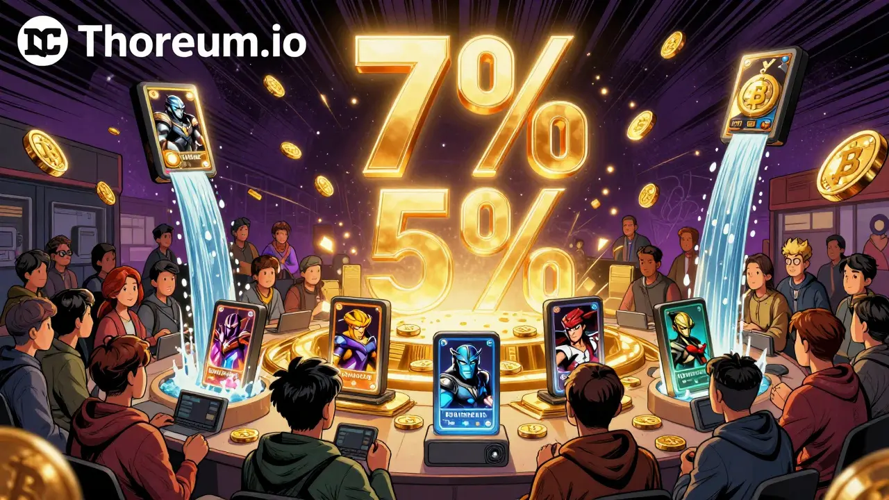 NFT cards trade in a digital marketplace with golden BNB coins flowing from every sale.