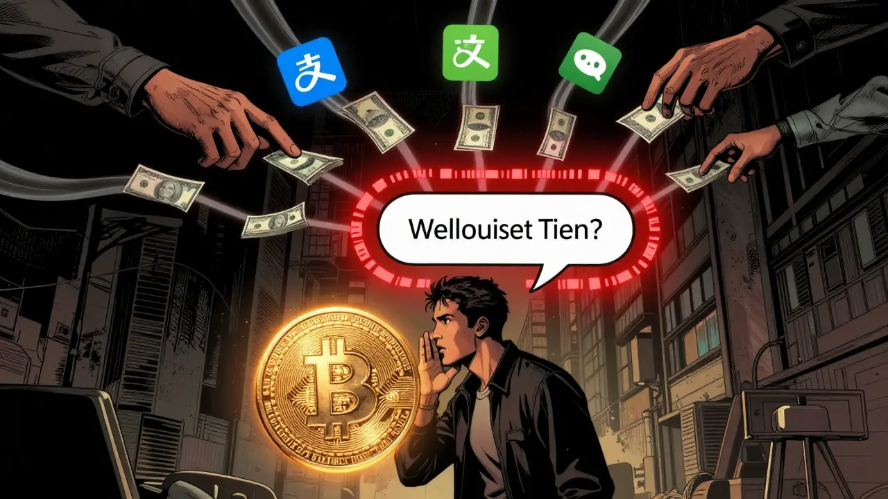 Person whispering crypto address via WeChat chat, digital tendrils tracing money across borders, e-CNY coin glowing in foreground.