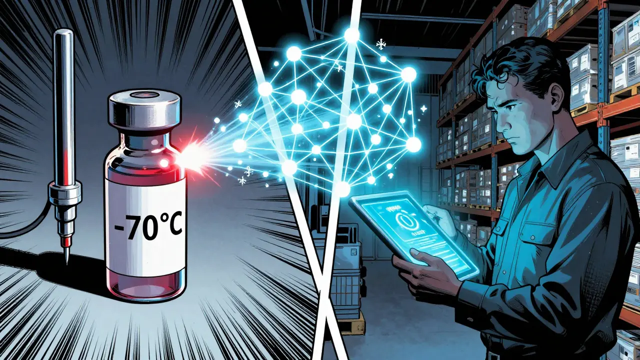 Pharmaceutical shipment with temperature sensor alerting a blockchain network in a high-tech warehouse.