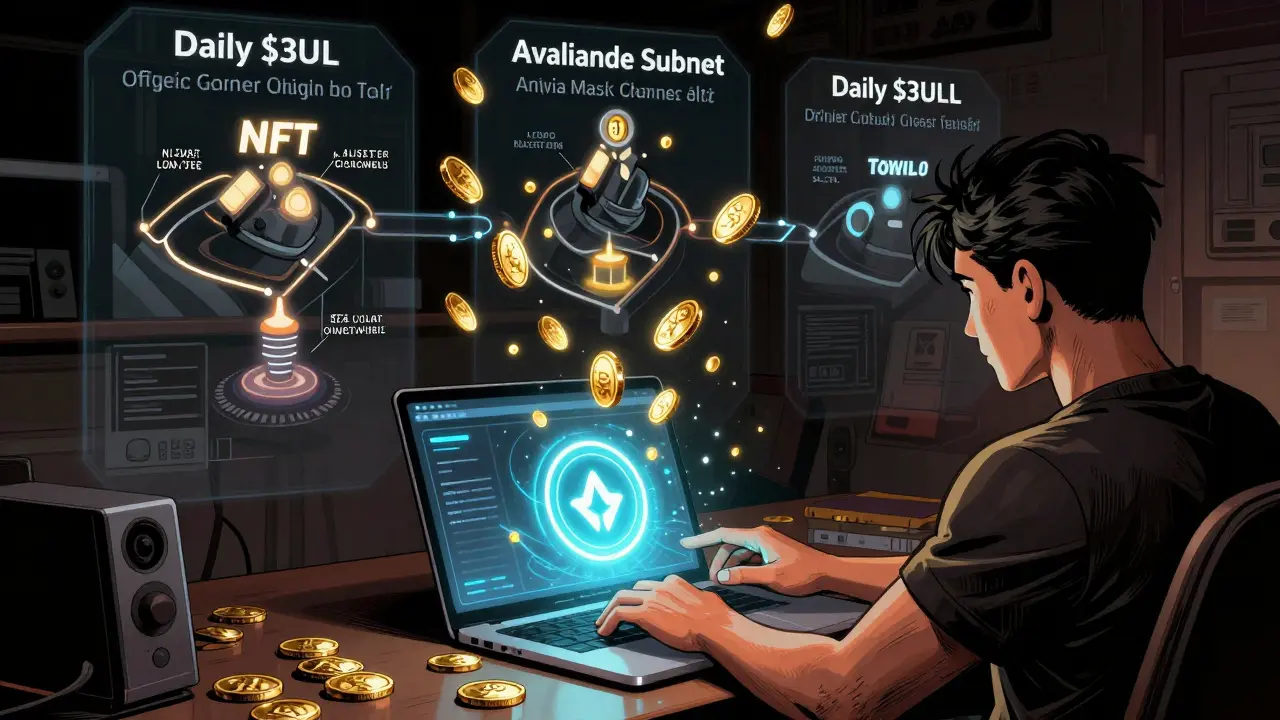 Player connecting wallet to blockchain interface as ULL tokens rain down
