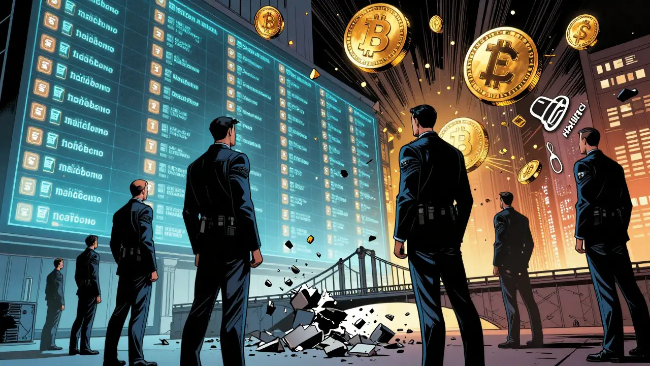 Regulators confront a collapsing cross-chain bridge as flagged wallets explode into data fragments.