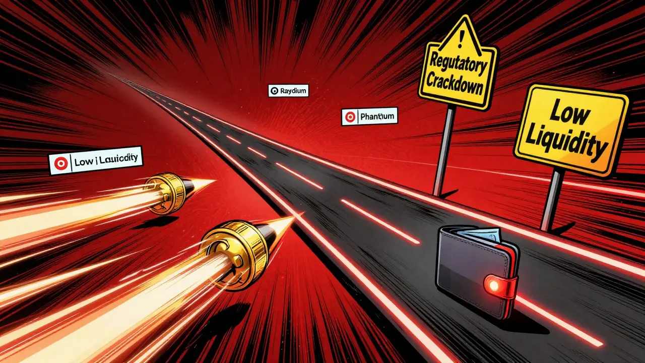 Solana blockchain highway with OASIS tokens speeding between exchanges, warning signs for regulatory risks and low liquidity.