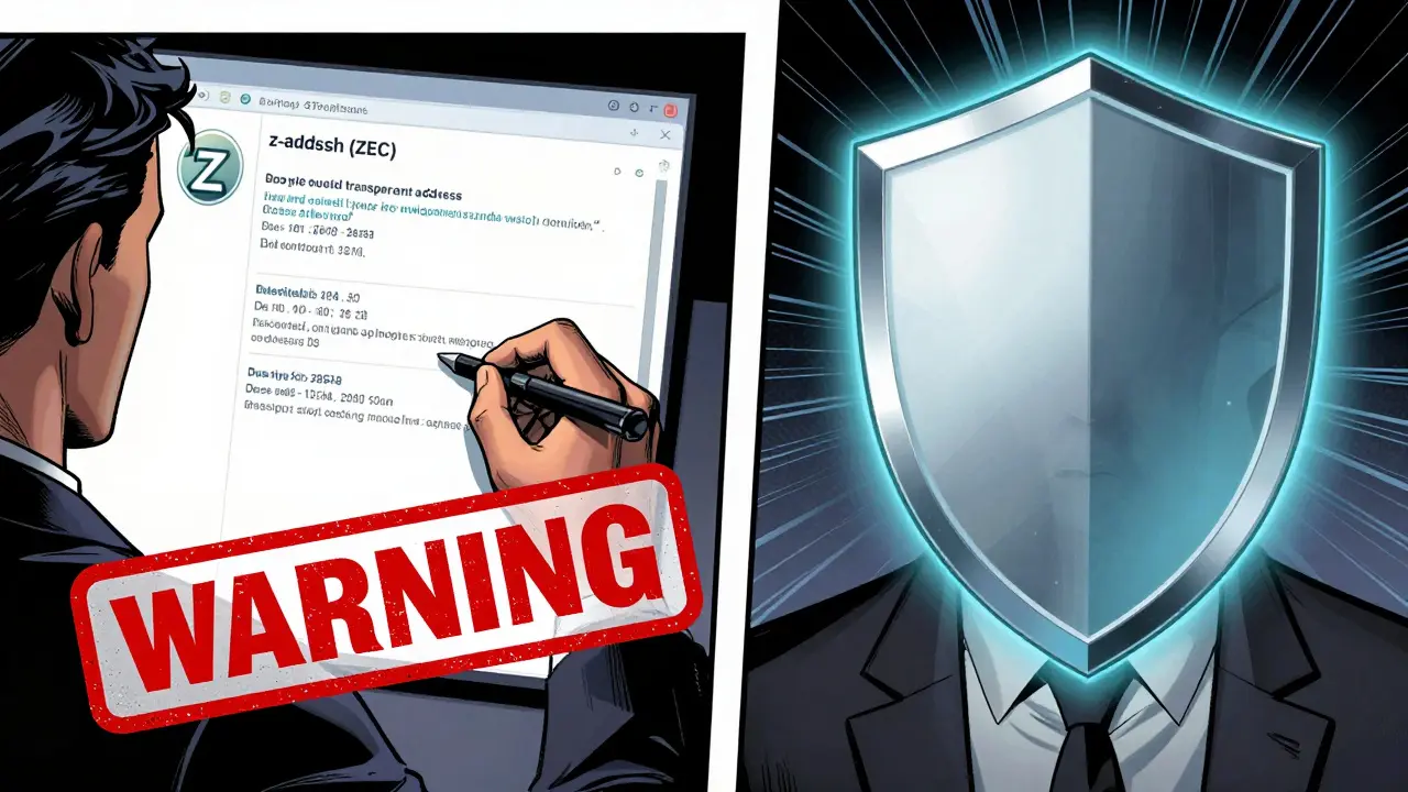 Split scene: one side shows visible Bitcoin-style transactions, the other shows hidden Zcash shielded transactions with a glowing proof aura.