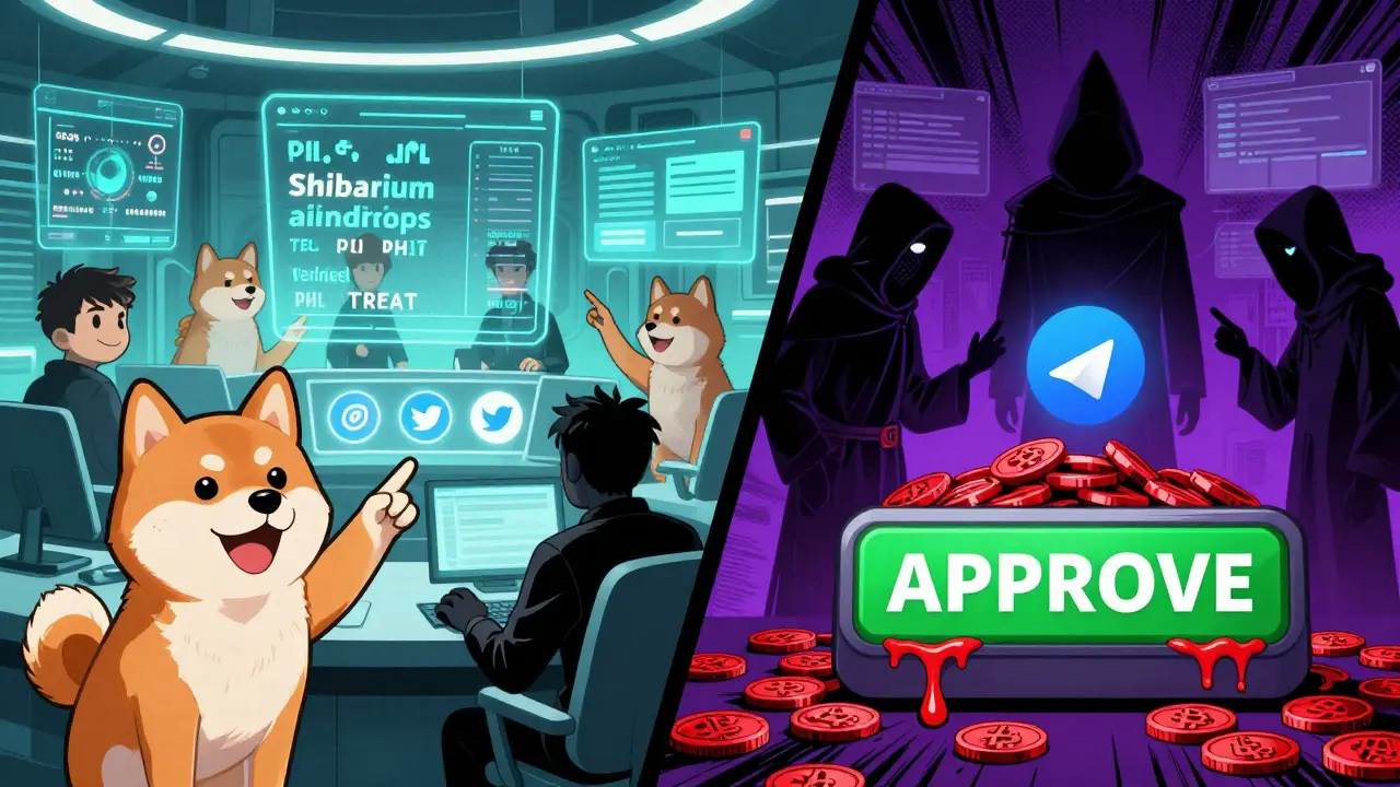 Split scene: real Shiba Inu team with verified airdrops vs. shadowy scammers with fake websites.
