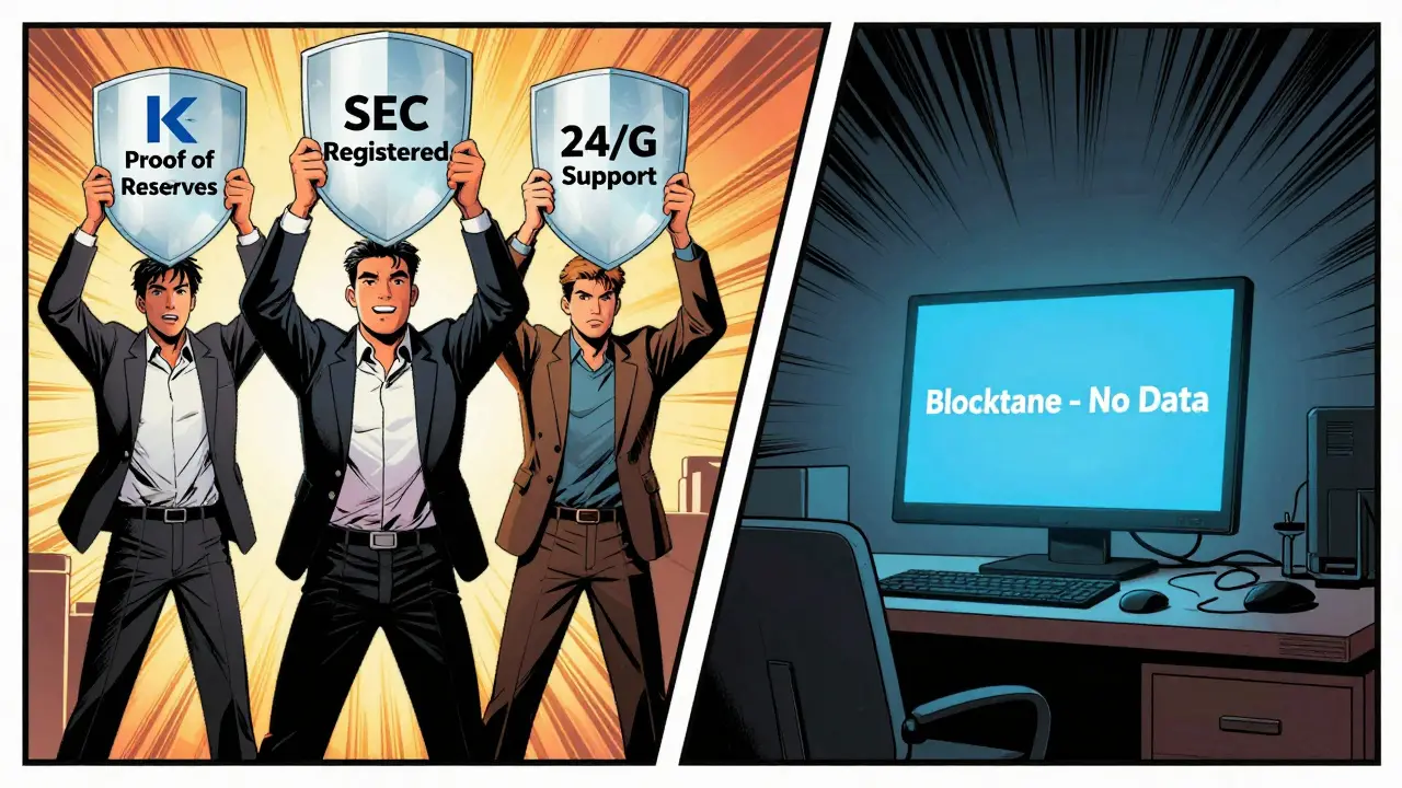 Split scene: trusted exchanges with transparency shields vs. Blocktane's empty office with flickering monitor.