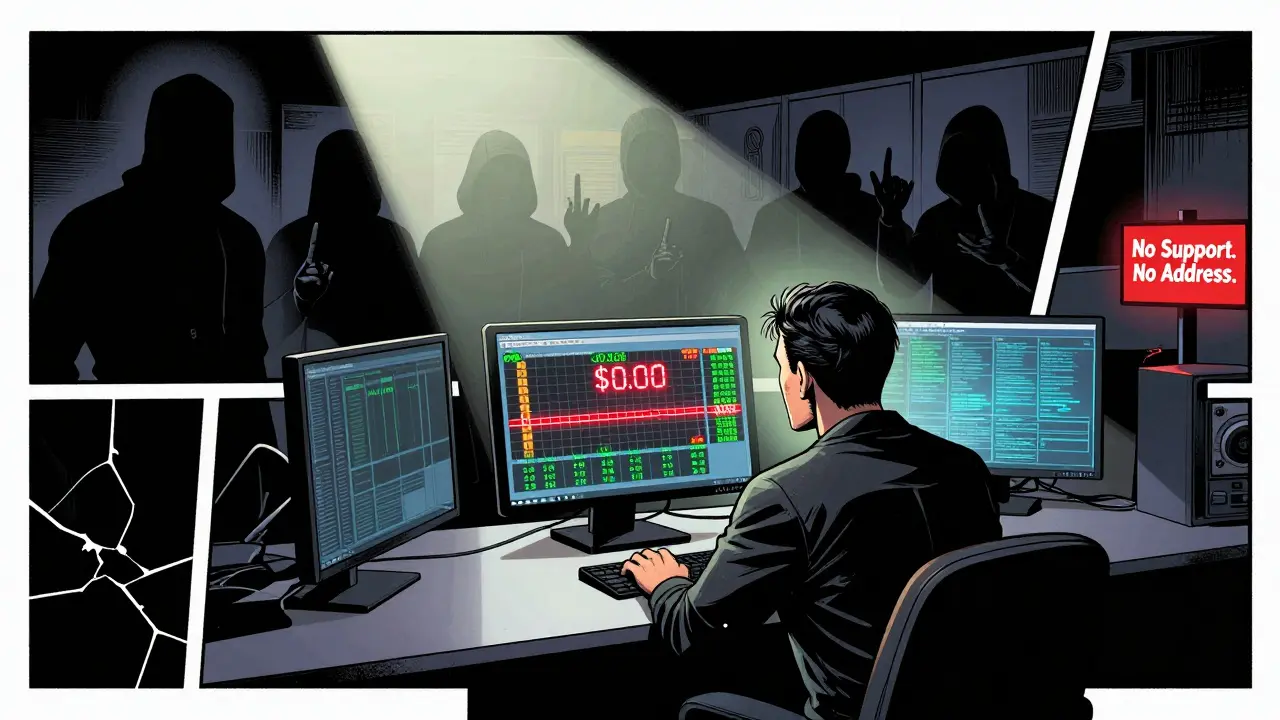 Trader facing a zero-value token on MintMe's exchange, shadowy figures lurking in the background.