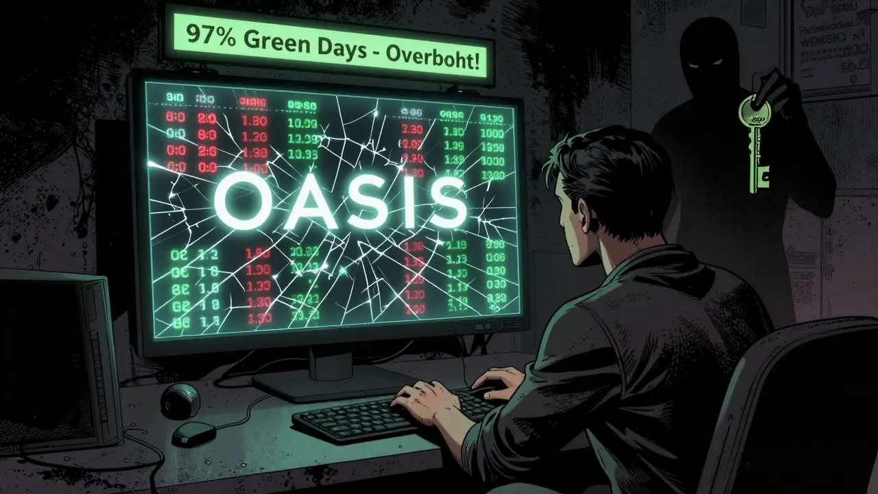 User staring at wildly fluctuating OASIS token prices, shadowy figure holding a key to the virtual club, overbought ticker above.