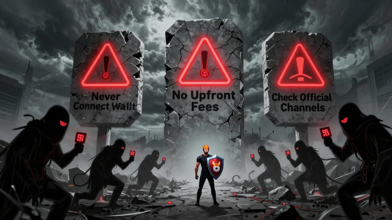 Warning signpost in digital wasteland with scammer shadows, hero shield bearing Shiba Inu logo.