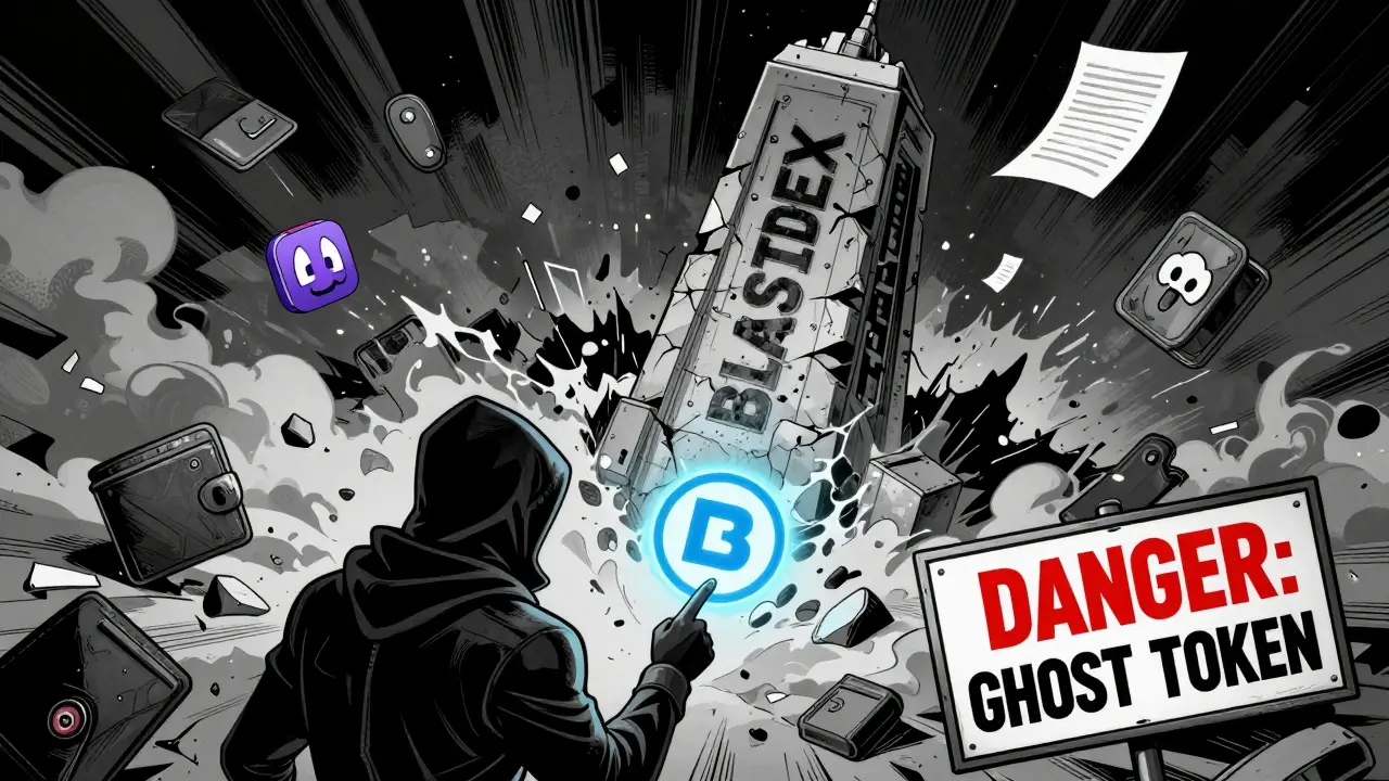 A crumbling BlastDEX monument sinks into digital ash as a hero points toward the real BLAST token.