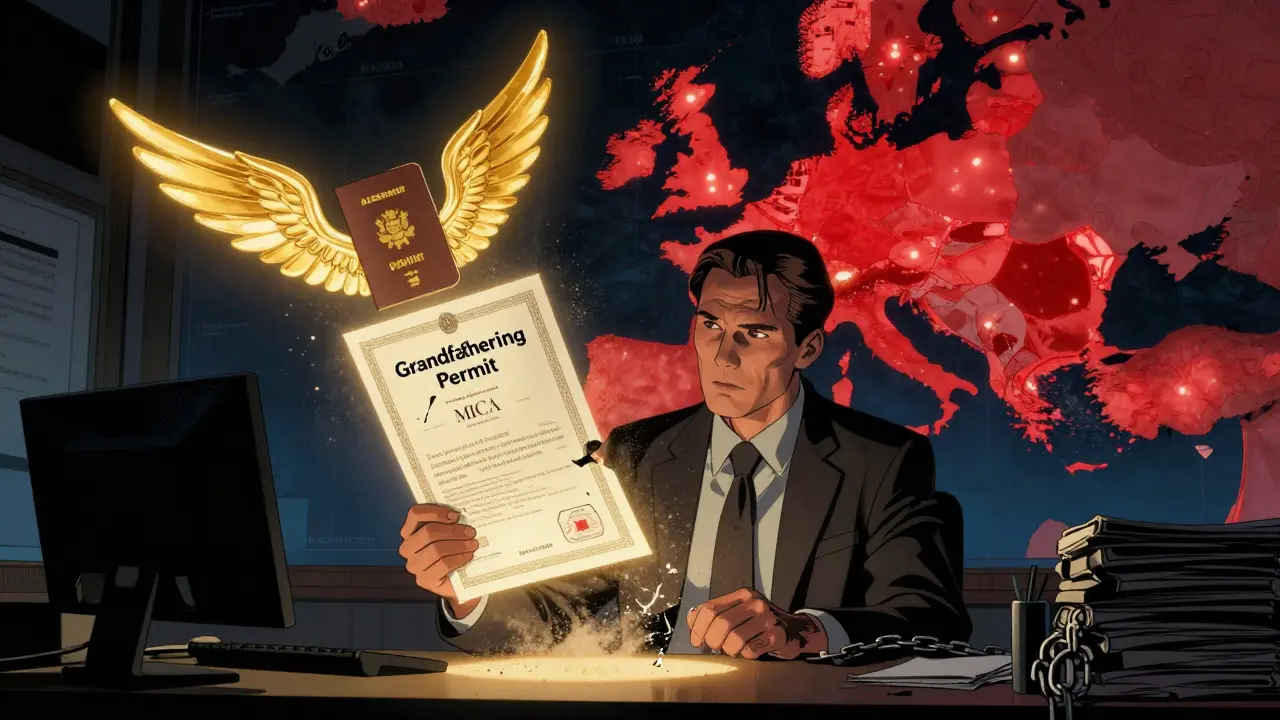 A crumbling grandfathering permit dissolves as a glowing MiCA license rises with passport wings, symbolizing compliance, in cinematic comic style.