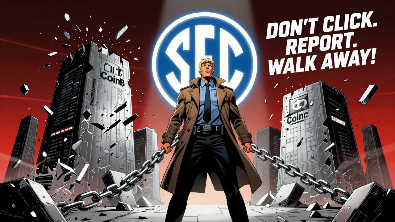 A federal agent destroys a crumbling fake exchange fortress as SEC authority glows behind, with shattered scam domains exploding around.