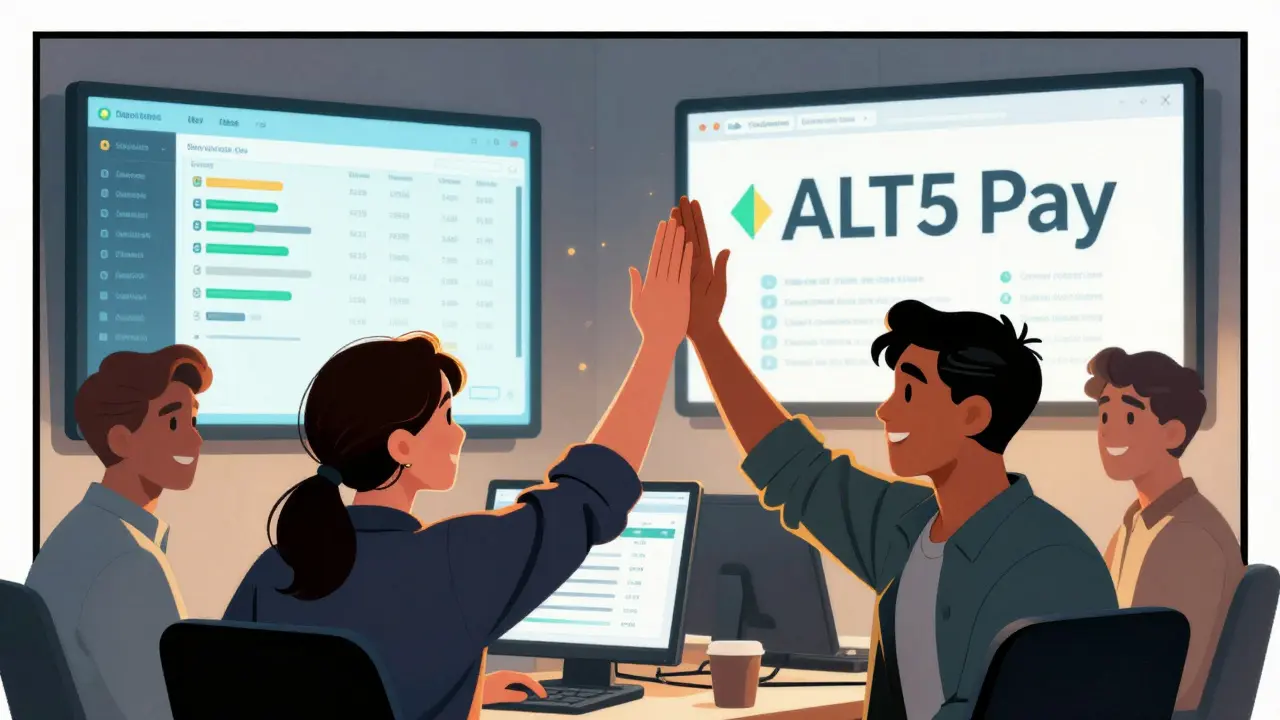 A fintech team celebrates as a crypto payment instantly converts to fiat currency via ALT5 Pay.