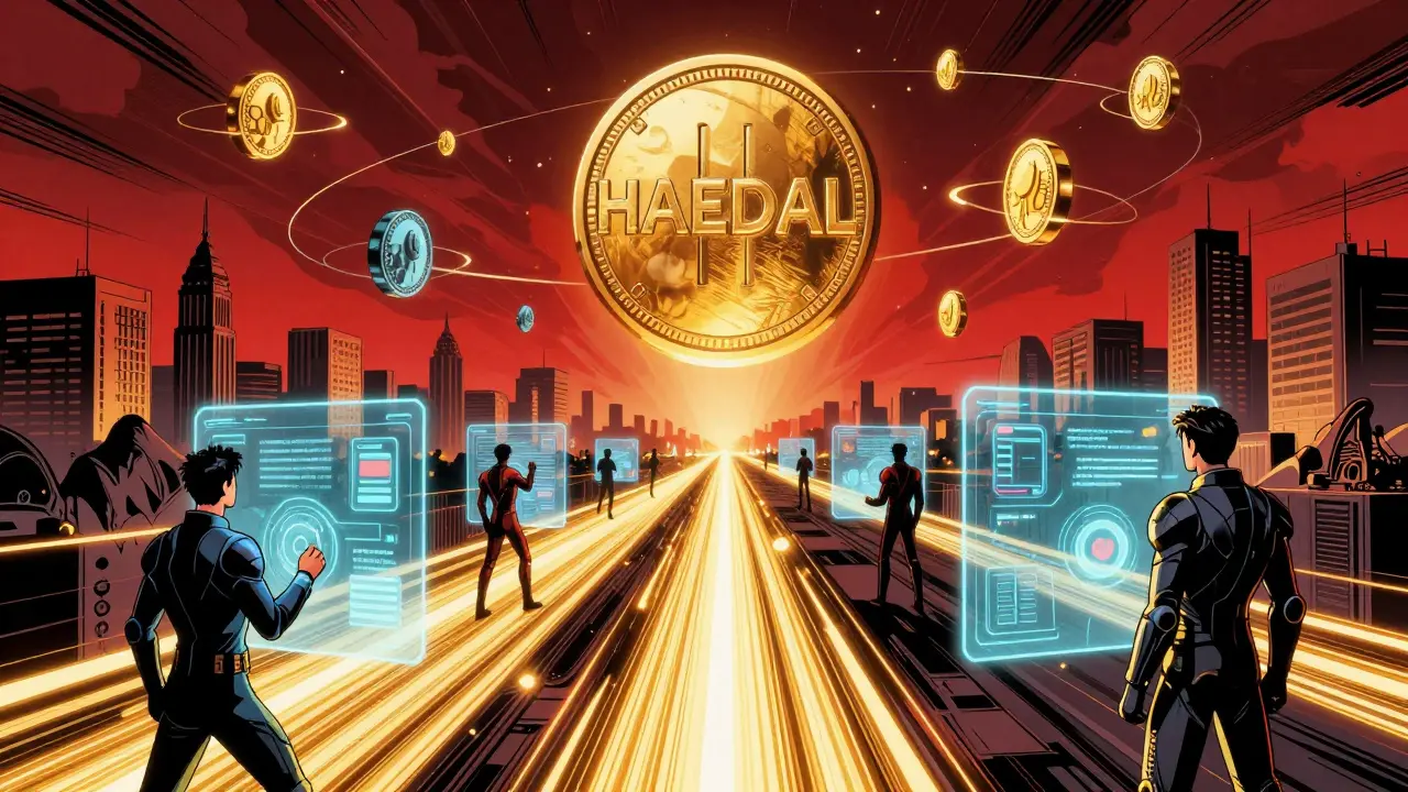 A giant HAEDAL token powers a futuristic Sui blockchain network with orbiting veHAEDAL shards.